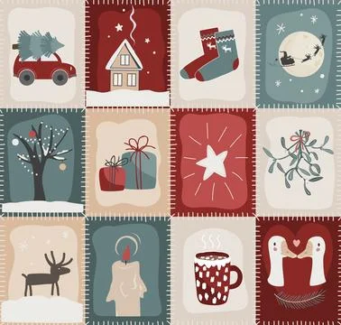 Christmas Patchwork Quilt Seamless Doodle Pattern. Rustic Winter Patch Duve.. Stockillustratie
