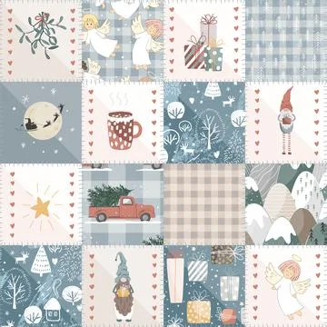 Christmas Patchwork Quilt Seamless Doodle Pattern with Stylized Sews. Rusti.. Stock Illustration