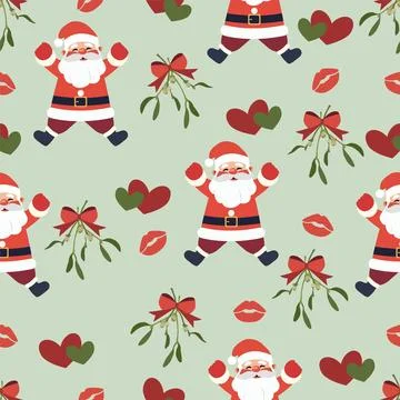 Christmas pattern with Animated illustration Santa, mistletoe, hearts, and .. Stock Illustration