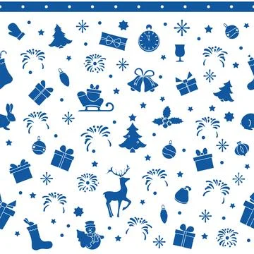 Christmas pattern in blue and white with gifts, trees, and festive elements.. Stock Illustration