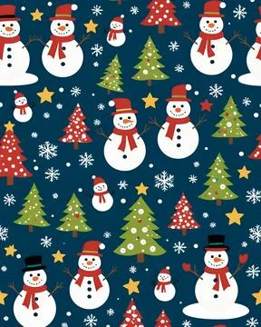 Christmas pattern, blue background, snowman, white Christmas tree and snowflake Stock Illustration