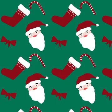 Christmas pattern with boot, santa claus and candy on green background Illustrazione stock