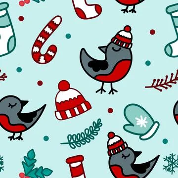 Christmas pattern with a bullfinch hat and a candy cane. The concept of Chris Stock Illustration