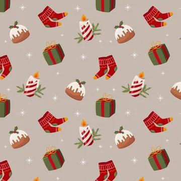 Christmas pattern burning candle gift warm socks and Christmas cake Stock Illustration