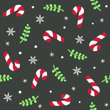 Christmas pattern with candy canes, snowflakes, and green leaves on a dark .. Stock Illustration