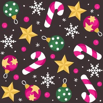 Christmas pattern with candy canes, stars, and ornaments on a dark background Stock Illustration