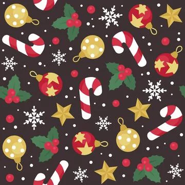 Christmas pattern with candy canes, stars, ornaments, and holly on a brown .. Stock Illustration