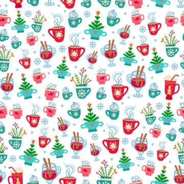 Christmas pattern with cartoon winter hot drinks Stock Illustration