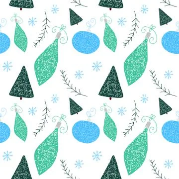 Christmas pattern with christmas tree and balls in hand drawn cute style. Illustrazione stock