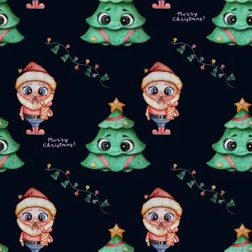 Christmas pattern. Christmas tree with face and eyes, cute Santa with a gift in Stock Illustration