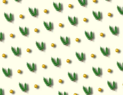 A Christmas pattern with Christmas tree twigs and golden balls. 스톡 일러스트