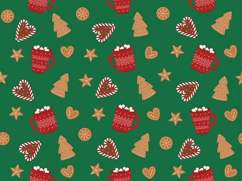 Christmas pattern with cocoa and sweets Stock Illustration