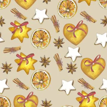Christmas pattern with cookies, ginger bread, cinnamon. Illustrazione stock