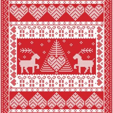 Christmas pattern in cross stitch style with Xmas tree, reindeer, hearts, Stock Illustration
