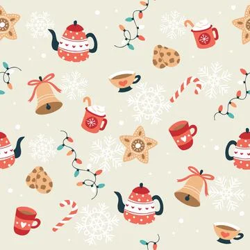 Christmas pattern with cute bells, teapots and cups. Festive background with Illustration