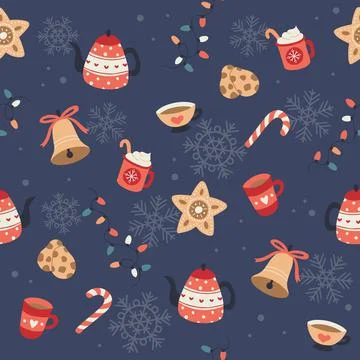 Christmas pattern with cute bells, teapots and cups. Festive background with 스톡 일러스트