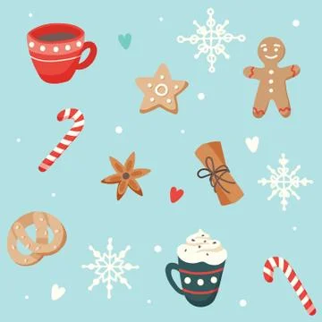 Christmas pattern with cute cups and ginger cookies, vector illustration in flat 스톡 일러스트