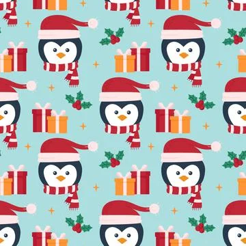 Christmas pattern with cute penguins and gift boxes. Festive background 스톡 일러스트