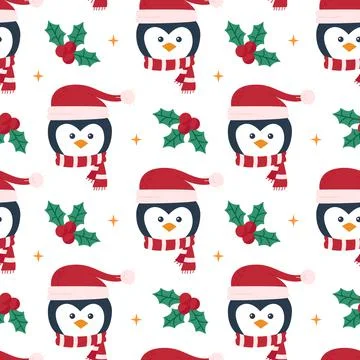 Christmas pattern with cute penguins. Festive background. Seamless pattern Stock Illustration