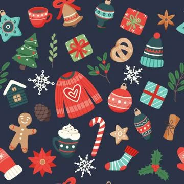 Christmas pattern cute seasonal elements, vector illustration in flat style Illustration