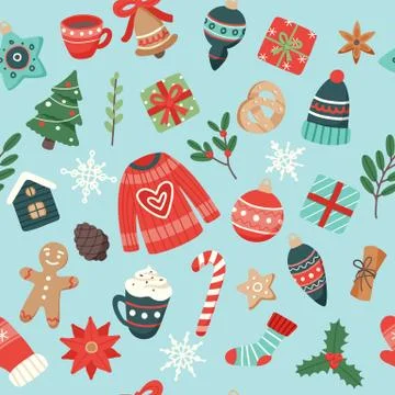 Christmas pattern cute seasonal elements, vector illustration in flat style Illustration