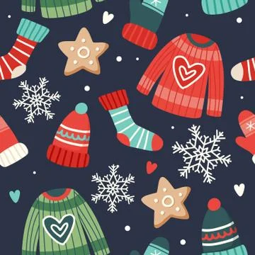 Christmas pattern cute seasonal elements, vector illustration in flat style Stock Illustration