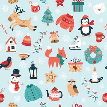 Christmas pattern with cute seasonal elements reindeer, fox, gifts, decorations Illustration