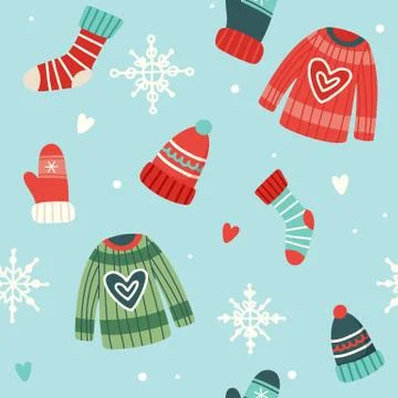 Christmas pattern with cute sweaters, hats, socks and gloves, vector イラスト素材