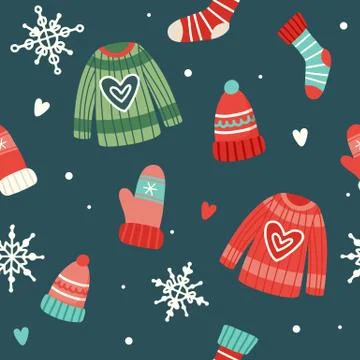 Christmas pattern with cute sweaters, hats, socks and gloves, vector Illustration