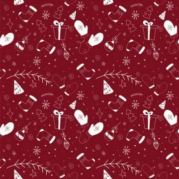 Christmas pattern in dark red color with doodle elements. Illustrazione stock