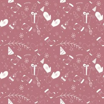 Christmas pattern in dark red color with doodle elements. Stock Illustration