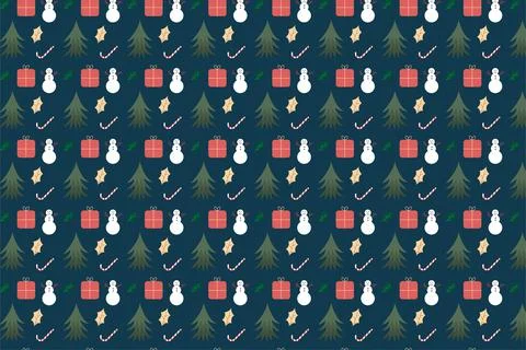 Christmas pattern decorated with snowmen, pine leaves, and gift icons. Seamle Stock Illustration