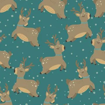 Christmas pattern with deers scandinavian hand drawn seamless pattern. New Year Stock Illustration