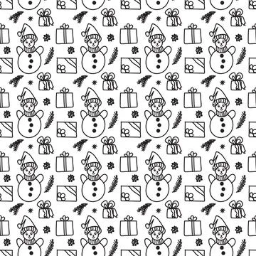 Christmas pattern in doodle style. dark line on a white background. Stock Illustration