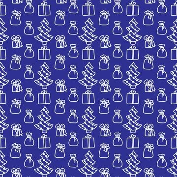 Christmas pattern in doodle style. White line on a dark blue background. Stock Illustration