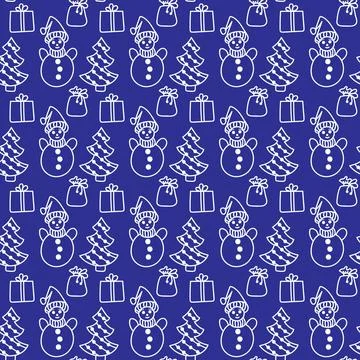Christmas pattern in doodle style. White line on a dark blue background. Stock Illustration