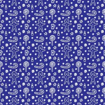 Christmas pattern in doodle style. White line on a dark blue background. Stock Illustration