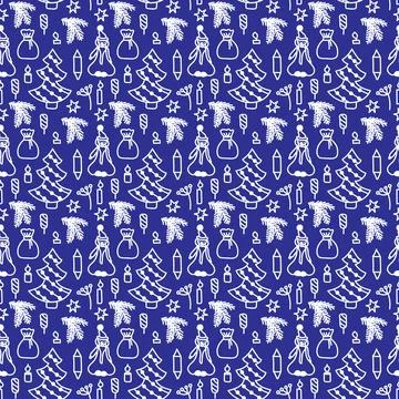 Christmas pattern in doodle style. White line on a dark blue background. Stock Illustration