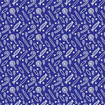 Christmas pattern in doodle style. White line on a dark blue background. Stock Illustration