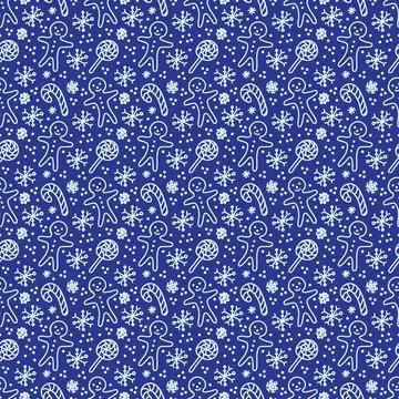 Christmas pattern in doodle style. White line on a dark blue background. Stock Illustration