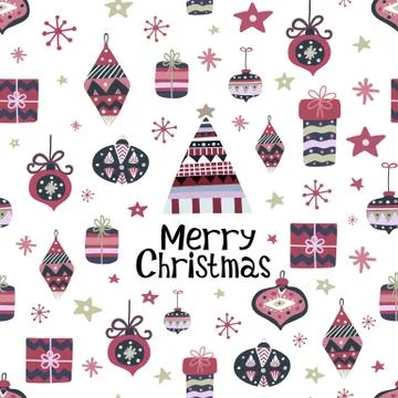 Christmas pattern. Doodle texture with hand lettering, xmas tree, gift boxes, Stock Illustration