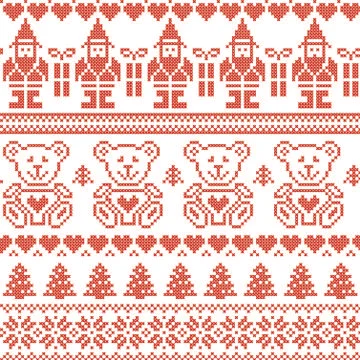 Christmas pattern with elfs and teddy bears Stock Illustration