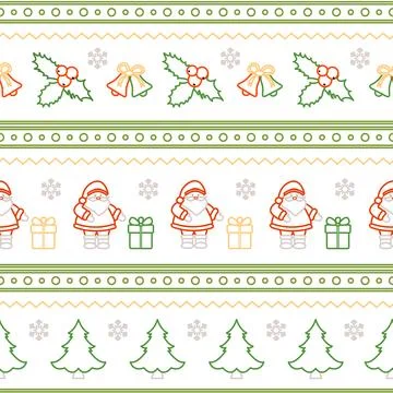 Christmas pattern featuring Santa, gifts, holly, and trees, ideal for festi.. Stock Illustration