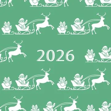 Christmas pattern featuring Santa on sleigh with reindeer and gifts on gree.. Stock Illustration