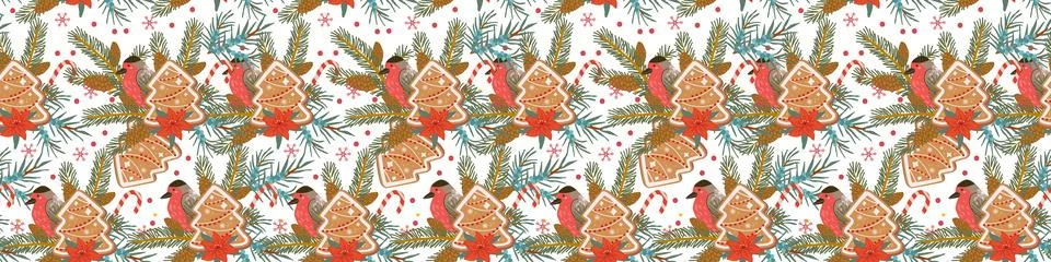 Christmas pattern with festive elements, gingerbread and red bird, fir, spruc Stock Illustration