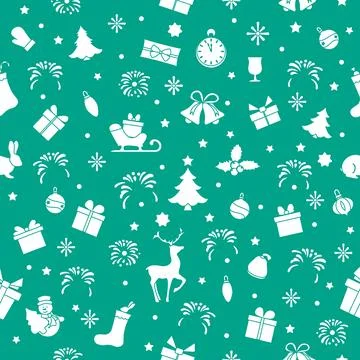 Christmas pattern with festive symbols like tree, gifts, and ornaments on g.. Stock Illustration