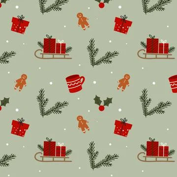 Christmas pattern fir branches gift boxes sledge with gifts red mug Stock Illustration