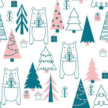 Christmas pattern with fir trees and bears Stock Illustration