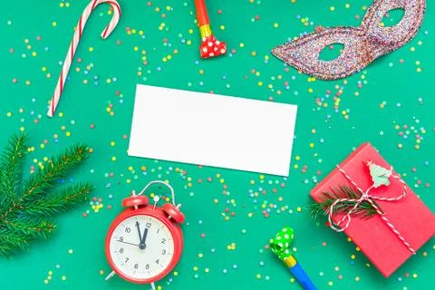 Christmas pattern flat lay with red alarm clock Stock Photos