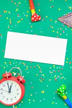 Christmas pattern flat lay with red alarm clock Stock Photos